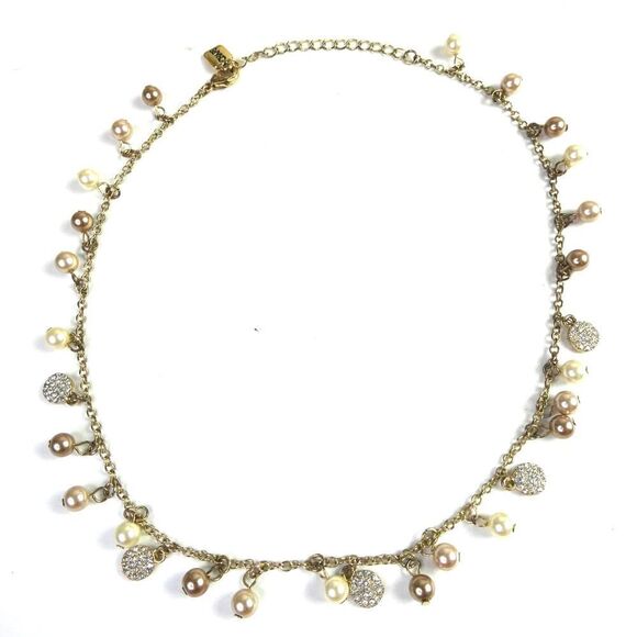 Chaps Gold Tone Dangle Faux Pearl Neutral Rhinestone Charm Necklace Movement - Picture 1 of 8